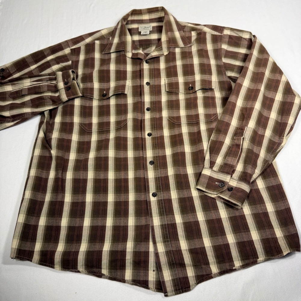Vtg LL Bean Shirt L Brown Plaid Thermolite Cotton Blend Button Down Pocket Reg